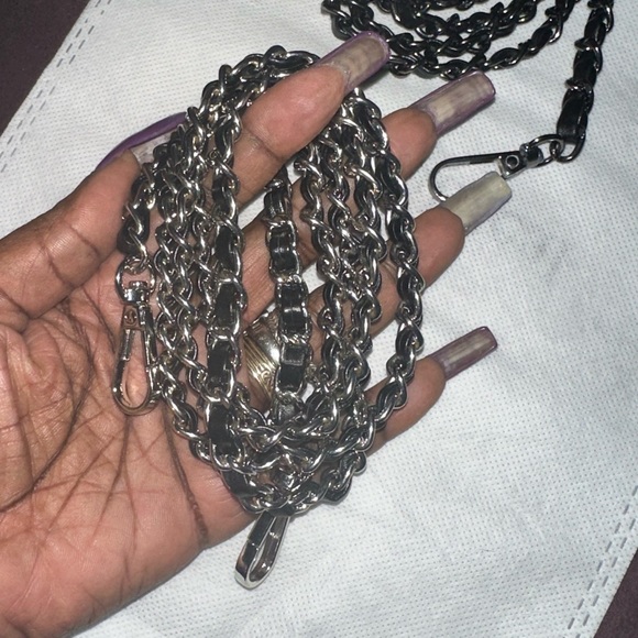 Set of 2! Unbranded Leather 47” Chain crossbody- Black-Silver & Black Gunmetal - Picture 3 of 7